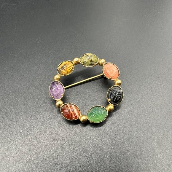 Vintage Brooch Pin Alice Caviness Gold Filled Scarab Egyptian Revival Gemstones - Picture 1 of 9